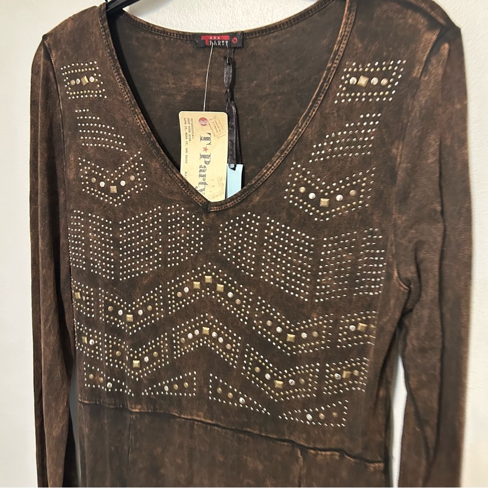 T Party Beaded Embroidered Fringe Mini Dress Mineral Wash Womens M Western Rodeo - Picture 10 of 16